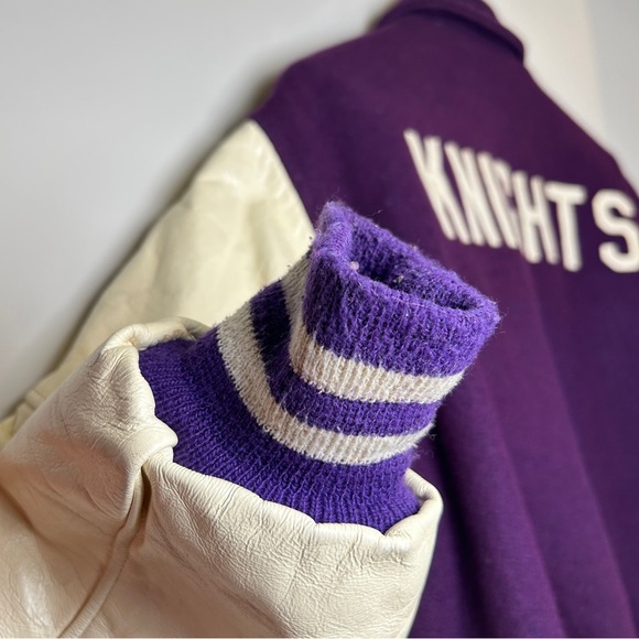 Vintage Purple Wool and White Leather “Knights” Varsity Jacket 1986 Size 42 - Picture 4 of 8